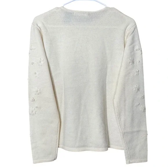 Liz‎ Claiborne Collection Cream Merino Wool Sweater Beaded Floral Embroidered M - Picture 2 of 10